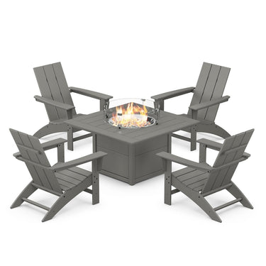 POLYWOOD Modern 5-Piece Adirondack Chair Conversation Set w/ Fire Pit Table - Slate Grey